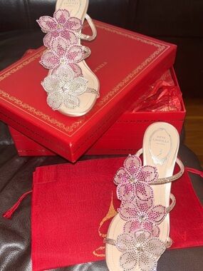 Brand New Rene Caovilla Pink and Beige Crystal Floral Strappy Sandal